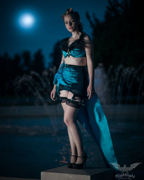 Celia and her customised Lydia: feathers and satin!